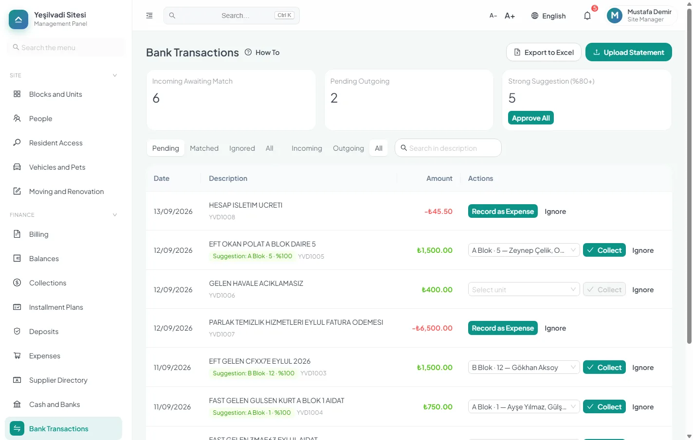 Bank reconciliation screen with per-unit match suggestions