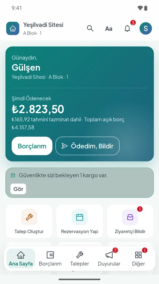 Mobil uygulama ana sayfası: şimdi ödenecek tutar, Borçlarım ve Ödedim, Bildir düğmeleri, talep ve rezervasyon kısayolları