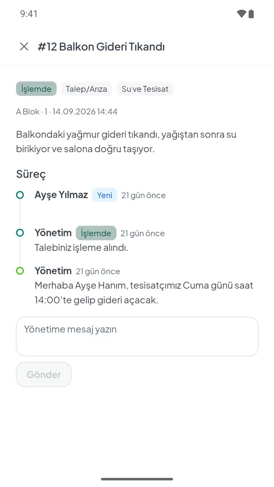Mobil uygulamada talep detayı: durum etiketleri, süreç adımları ve yönetime mesaj alanı