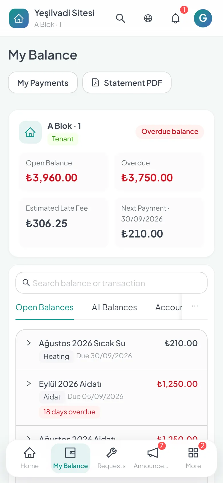 A resident balance screen on a phone, showing arrears and days overdue