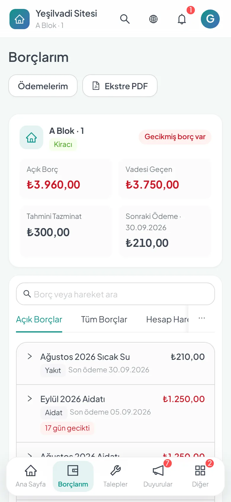 Sakinin telefonundaki borç ekranı: açık borç, vadesi geçen tutar ve gecikme gün sayısı